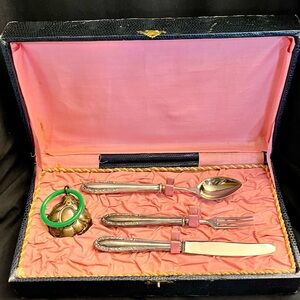 Rare Cutlery Baby Rattle Silverware Set Pink Lining Old Formal Box Set Victorian